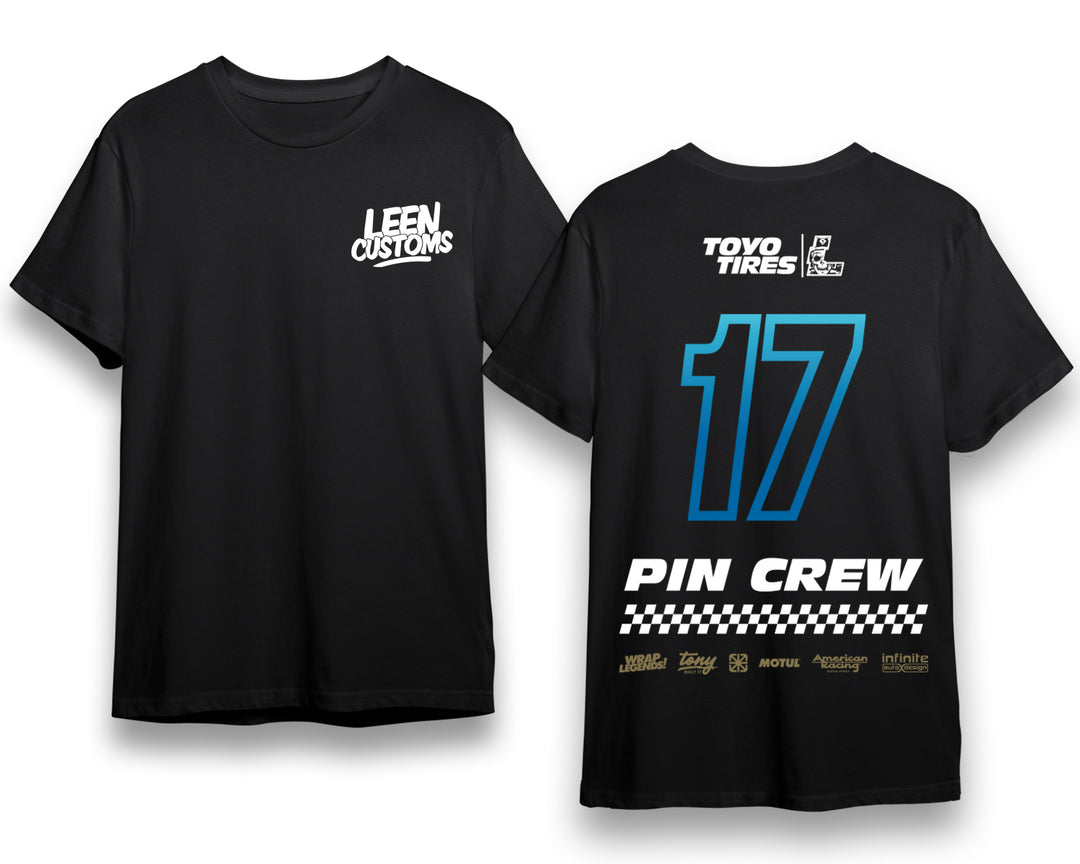 The Leen Customs "Pin Crew" Staple Tee, "SEMA EDITION" the black shirt is made of heavyweight cotton and cut with a relaxed fit. Celebrating 5 years in the game and sporting the 17 for the year we started. A small tonal size tag is printed on the inside collar and sewn with an official leencustoms woven label on the sleeve
