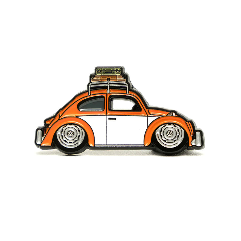 Soft enamel lapel pin of an orange Volkswagen Beetle