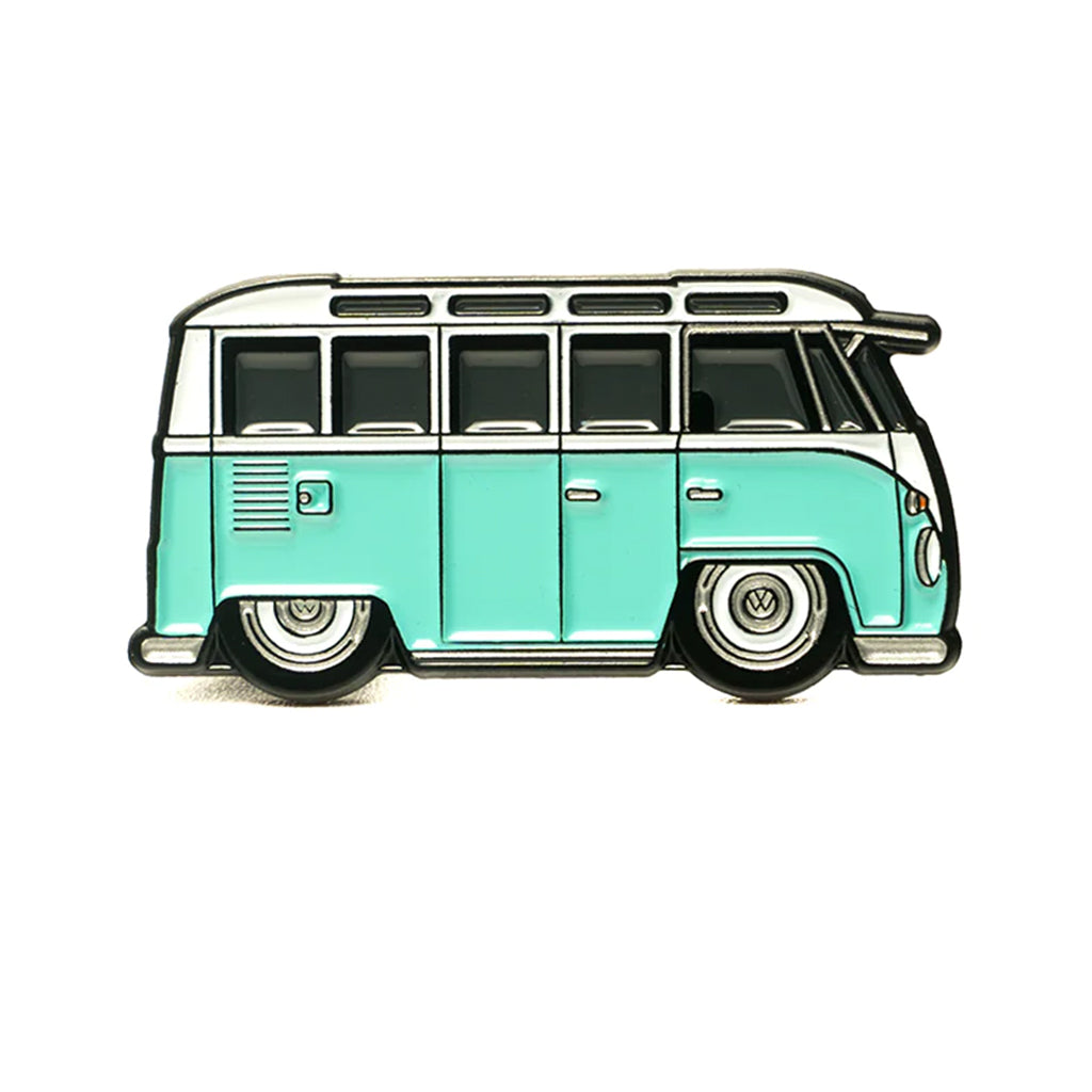 Soft enamel lapel pin of a aqua colored Volkswagen T1 Window bus