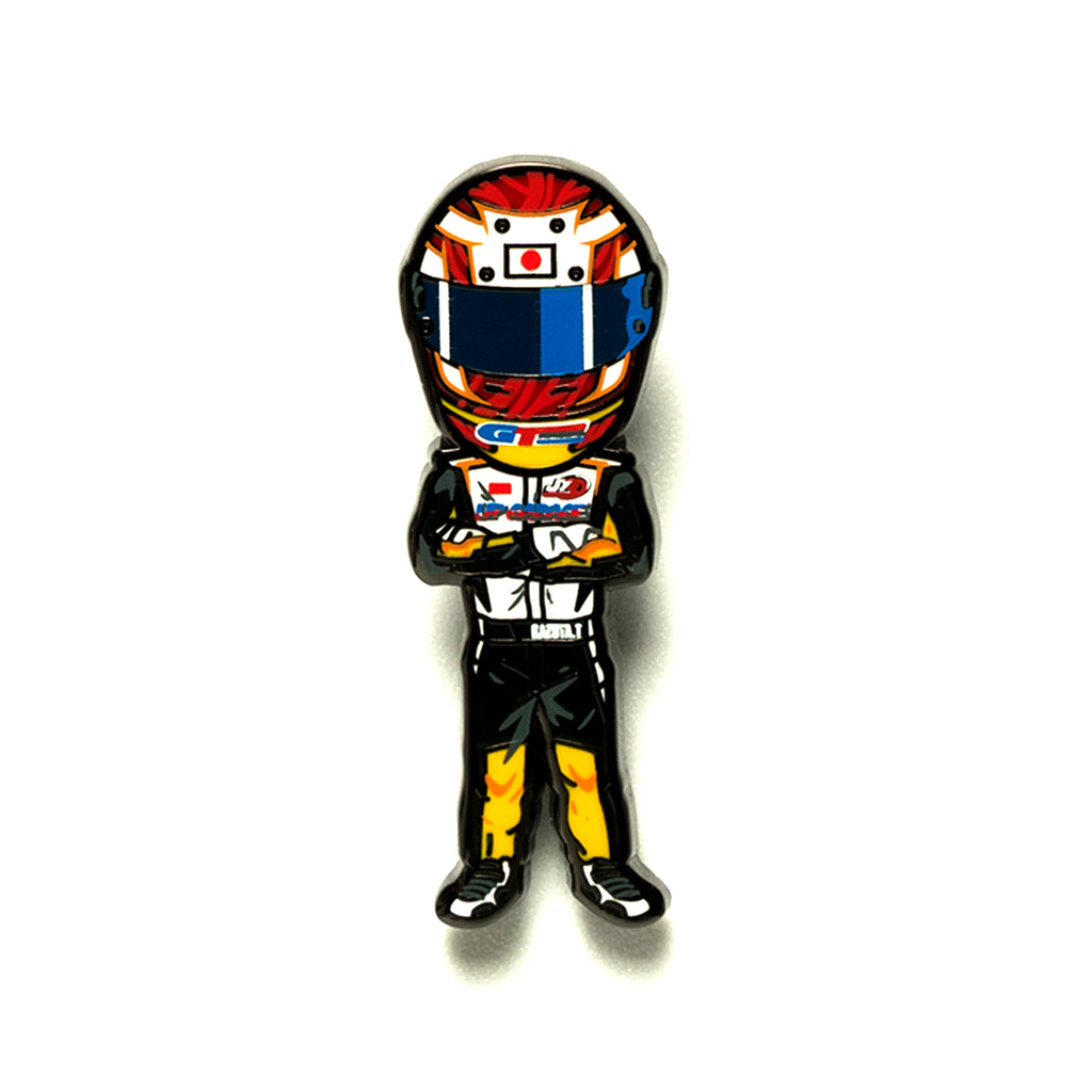 Hard enamel lapel pin, event exclusive to Formula Drift depicting driver Kazuya Taguchi