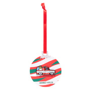 Decorative ornament with a red and green striped design featuring a vintage Chevrolet 1975 C10 truck, on a white background.