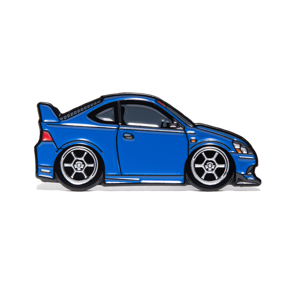 Metal enamel pin of an '05 DC5 RSX in blue with white six spoke wheels.