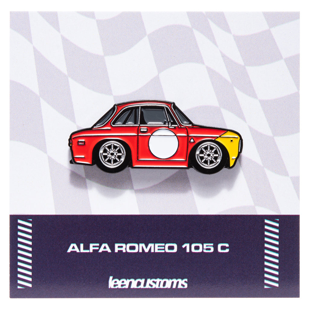 Pin of a red Alfa Romeo 105 C on a checkered background with 'leencustoms' branding.