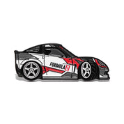 Metal enamel pin of a C6 Corvette with custom Formula D livery. Colors: white, red, grey with silver rear wheel and white front wheel. Front wheel is in full lock to simulate a drift in motion.