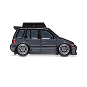 Metal enamel pin of an EF Wagon in grey with silver wheels and roof rack.
