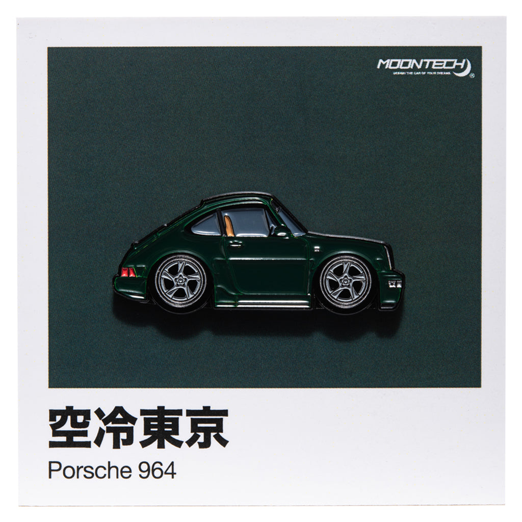 Pin of a green Porsche 964 car on a green background with 'Moontech' branding.