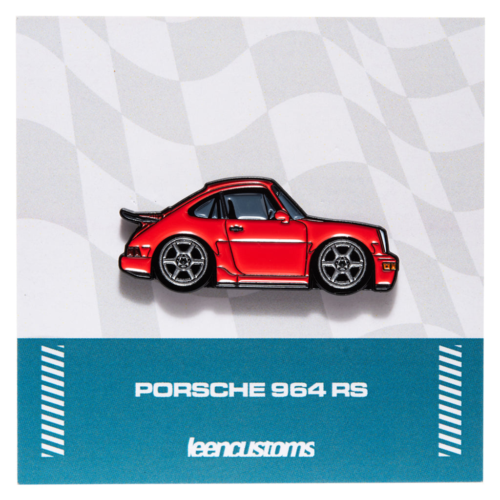 Red Porsche 964 RS car model on a checkered background with Leen Customs branding.