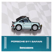 Pin of a Porsche 911 Safari car on a checkered patterned background with Leen Customs branding.