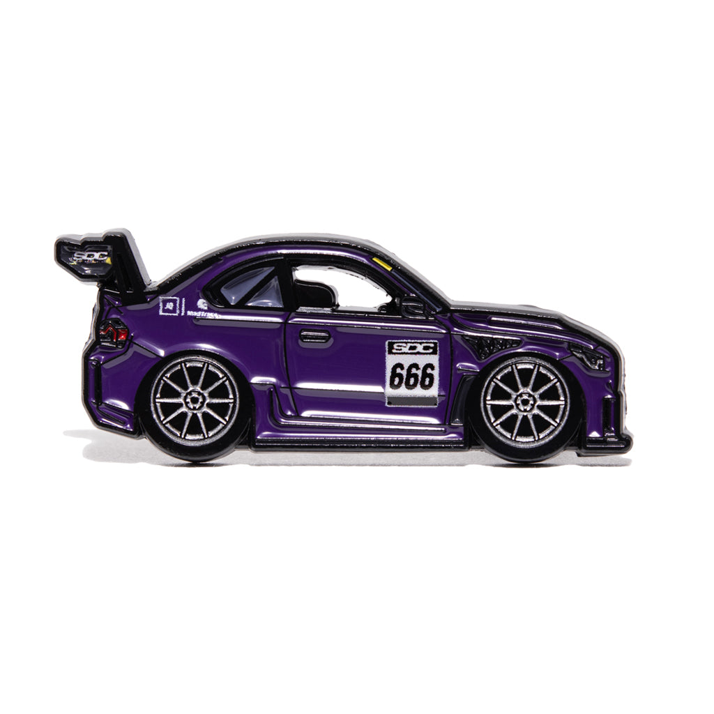 Enamel pin of purple BMW G87 M2 with #666 