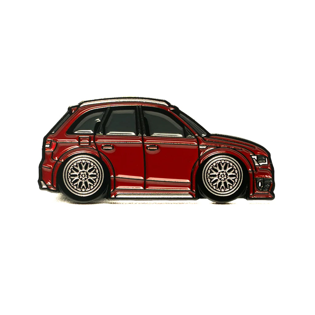 Soft enamel lapel pin of a maroon colored Audi B8 5