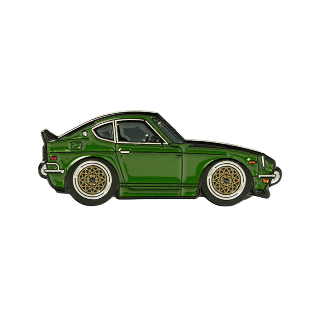 Soft enamel lapel pin of a green Datsun 240z