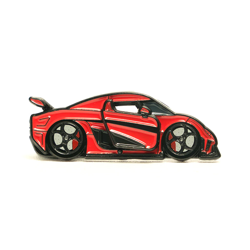 Soft enamel lapel pin of a red Koenigsegg Regera