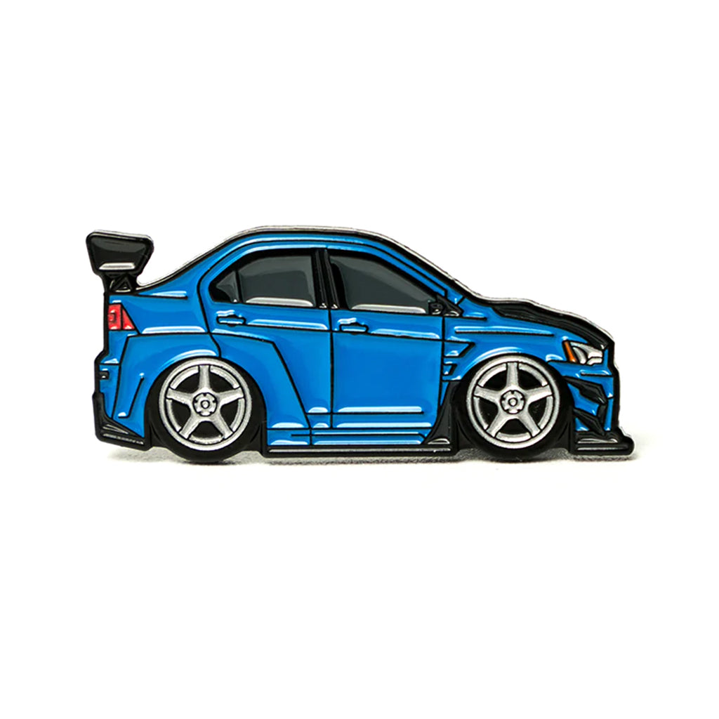 Soft enamel lapel pin of a blue Mitsubishi Evo X