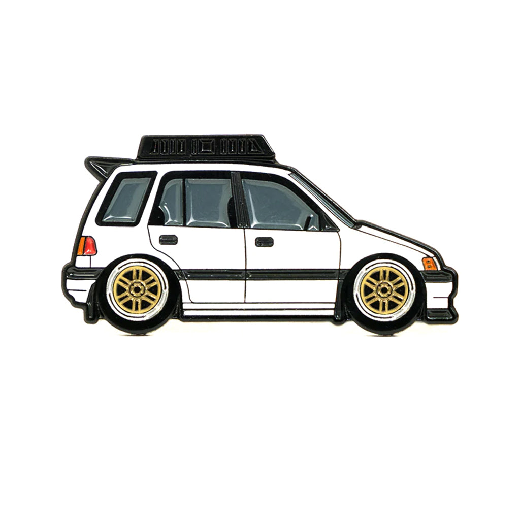 Soft enamel lapel pin of a white Honda Civic EF wagon