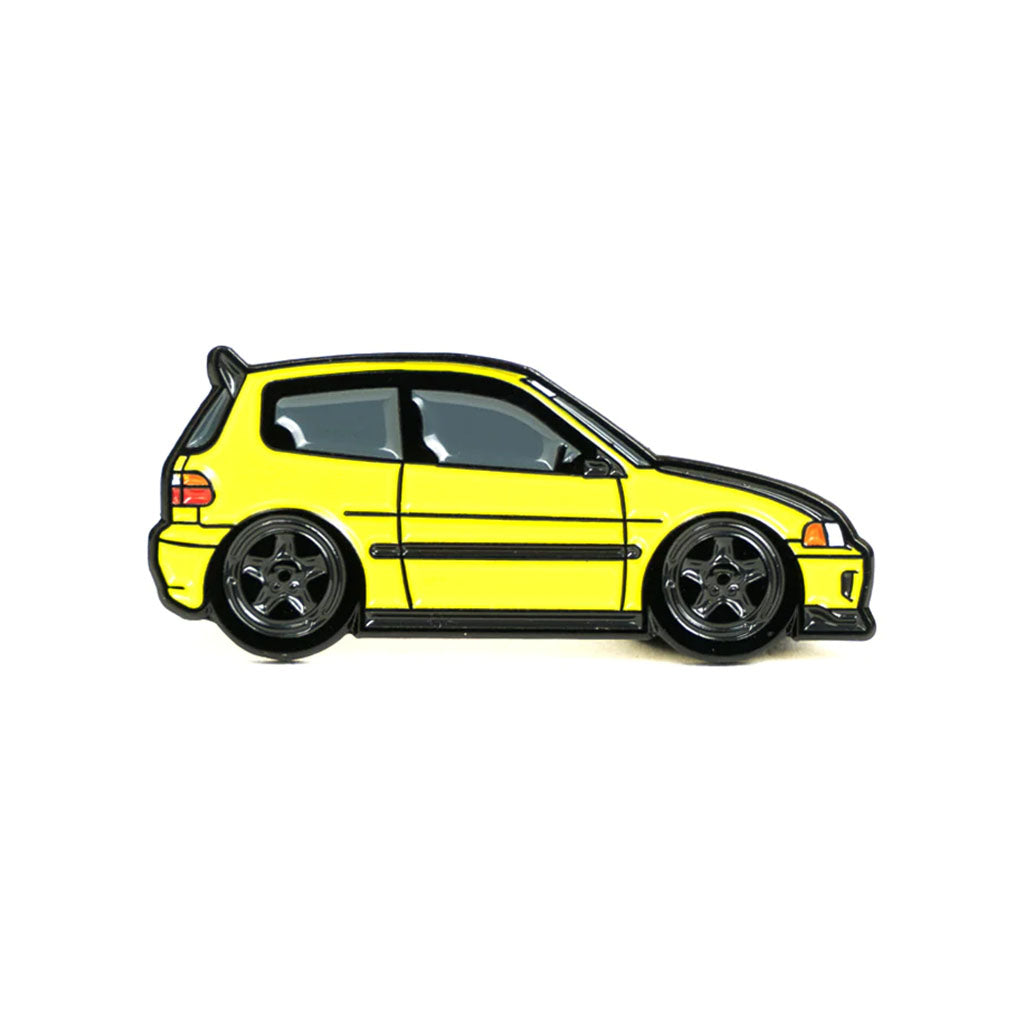 Soft enamel lapel pin of a yellow Honda Civic EG6