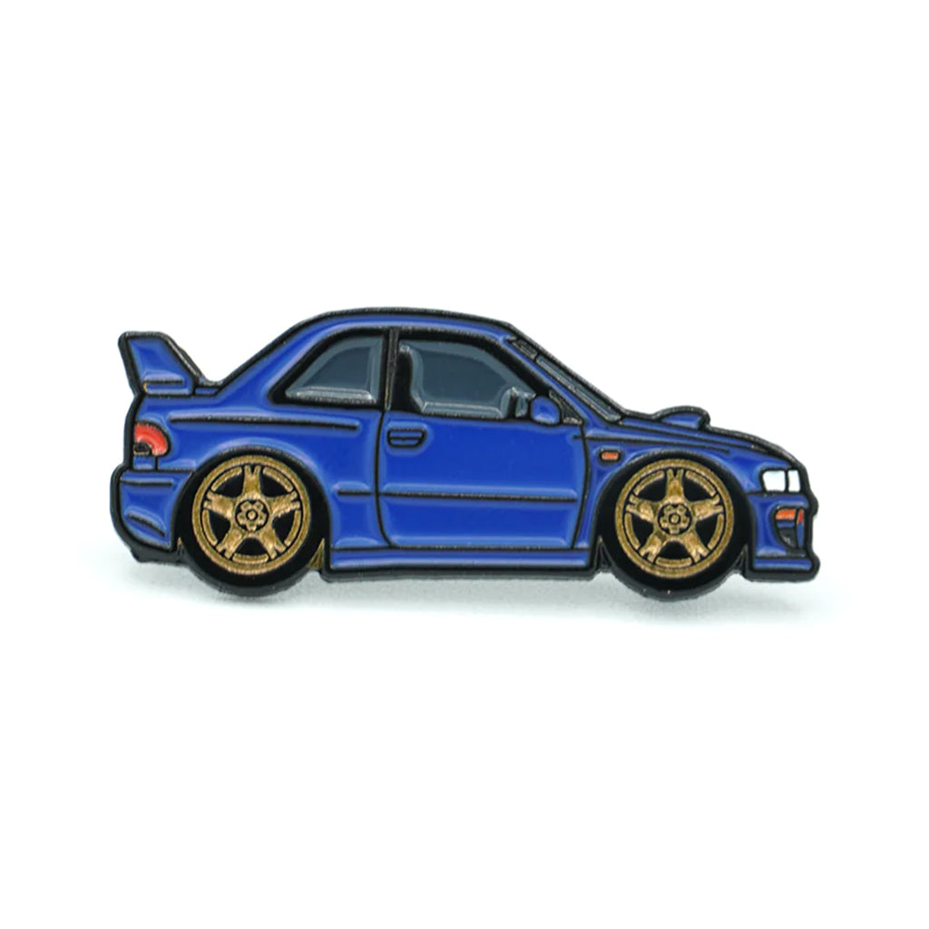 Soft enamel lapel pin of a Legends inspired Subaru GC8