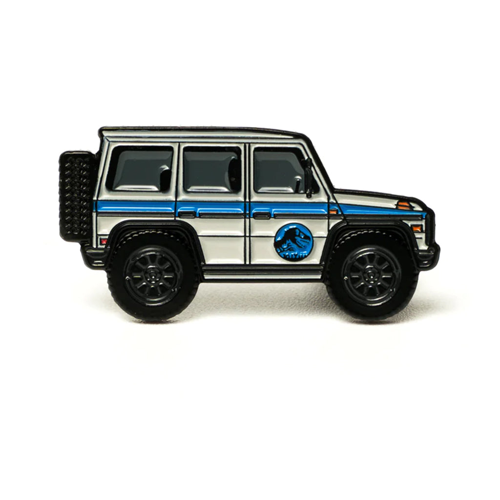 A soft enamel lapel pin of a A Jurassic inspired whip! Build: Mercedes G Wagon