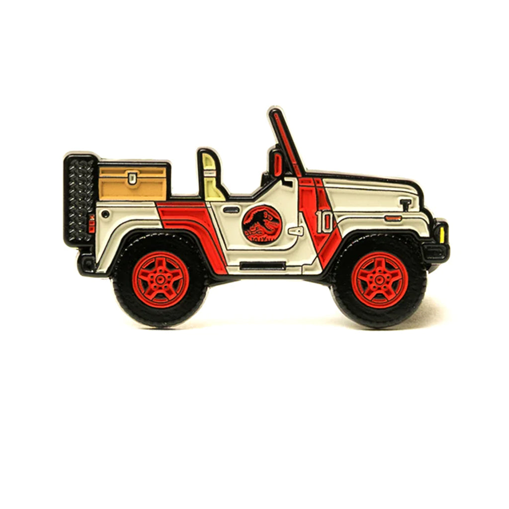 A soft enamel lapel pin of a A Jurassic inspired whip! Jeep 10. Build: 1992 Jeep Wrangler
