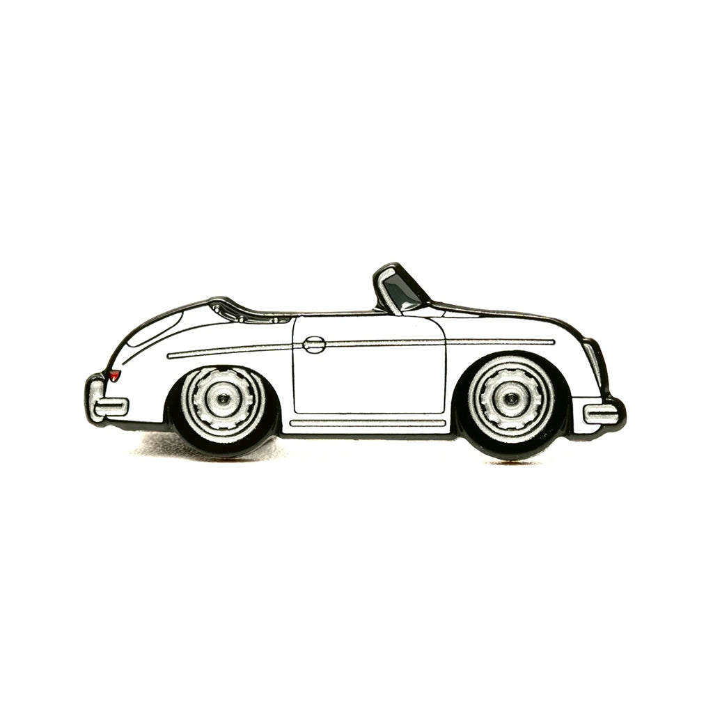 Soft enamel lapel pin of a white 356 speedster Porsche