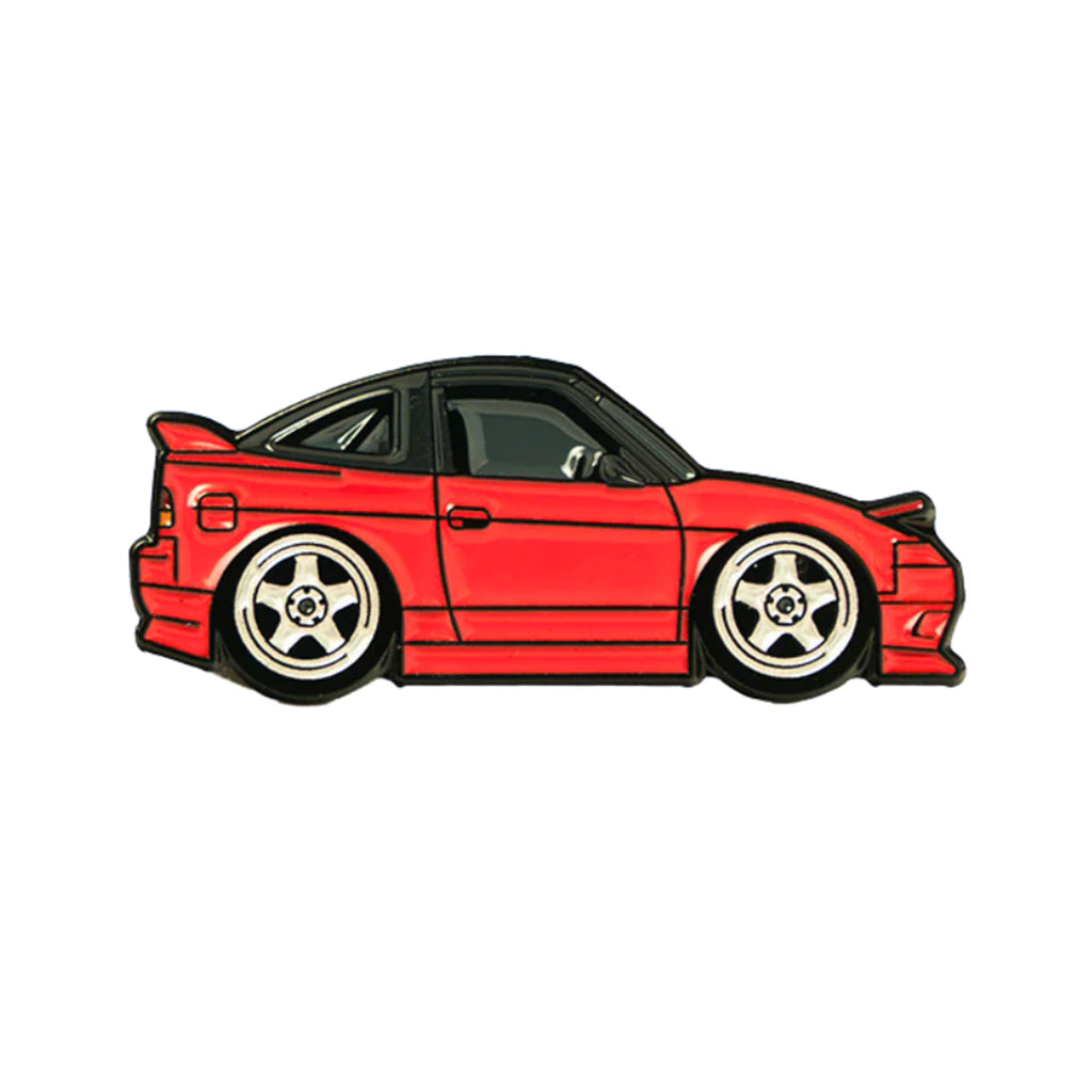 Soft enamel lapel pin of a red Nissan 240sx