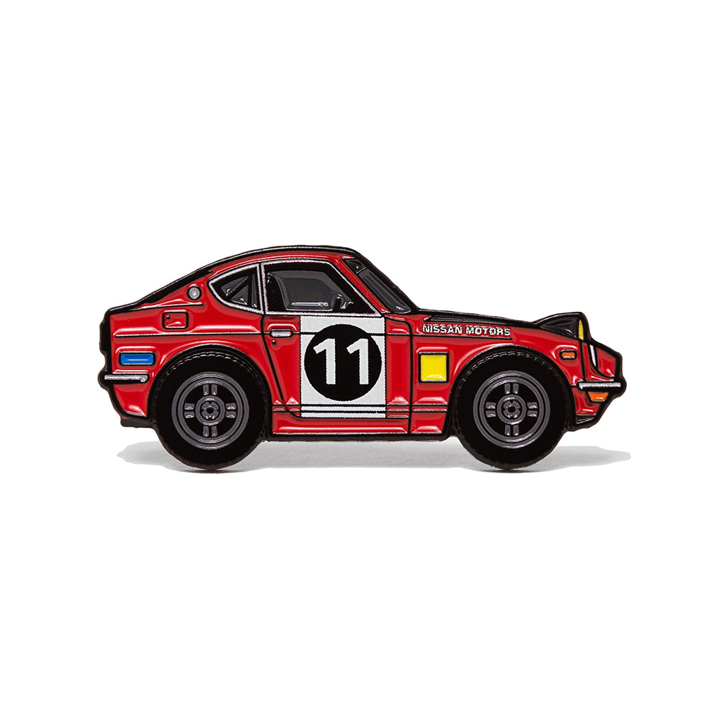 Soft enamel lapel pin of a Datsun 240z Safari Rally edition