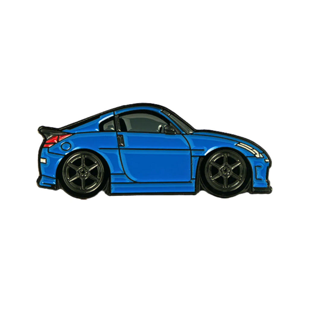 Soft enamel lapel pin of a blue Nissan 350z