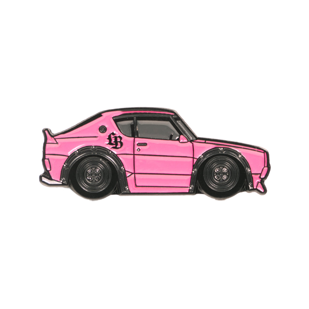Soft enamel lapel pin of LBWK's inspired Nissan GT-R Kenmeri in pink