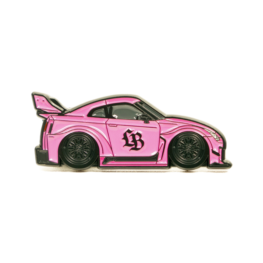 Soft enamel lapel pin of LBWK's inspired Nissan GT-R R35 in pink