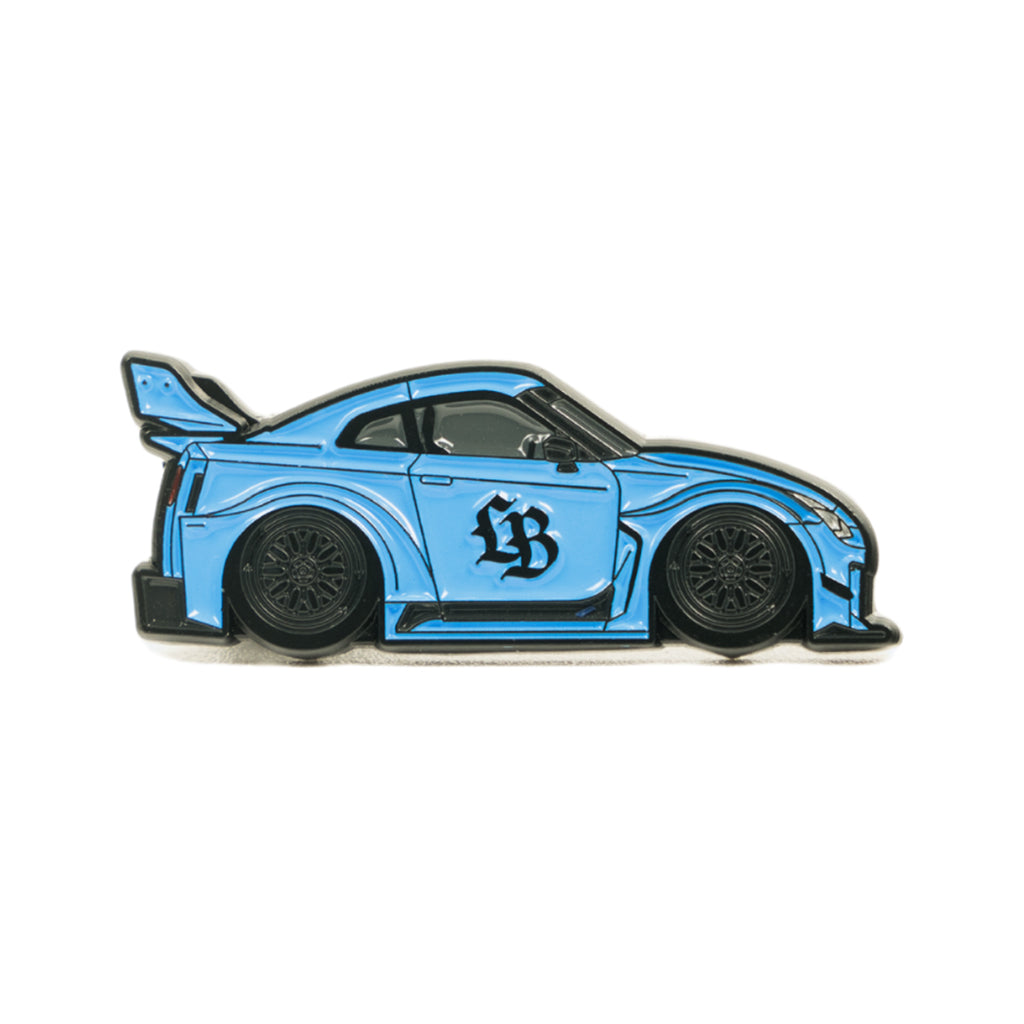 Soft enamel lapel pin of LBWK's inspired Nissan GT-R R35 in blue