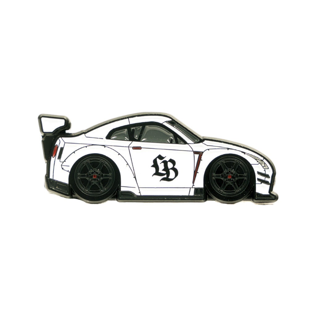 Soft enamel lapel pin of LBWK's inspired Nissan GT-R R35 in white