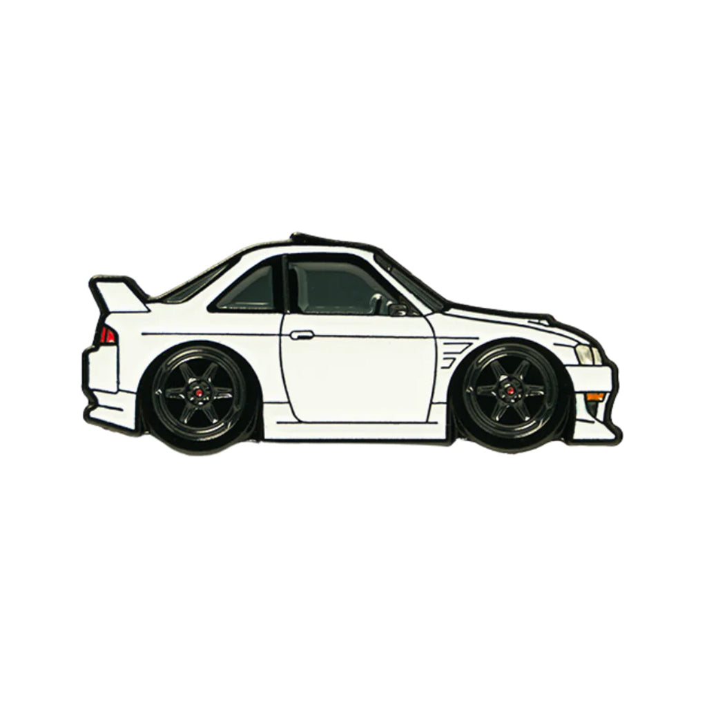 Soft enamel lapel pin of a white Nissan S14