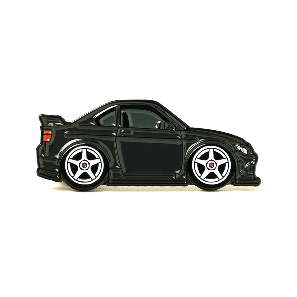 Soft enamel lapel pin of a black Nissan S15