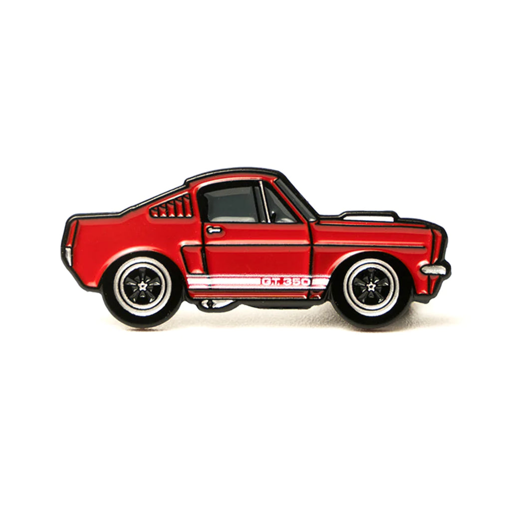 Soft enamel lapel pin of a red Shelby GT350