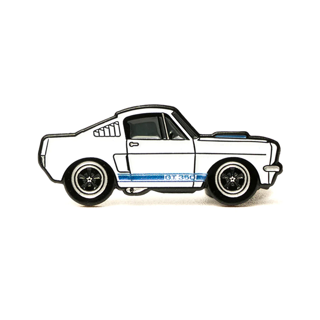 Soft enamel lapel pin of a white Shelby GT350