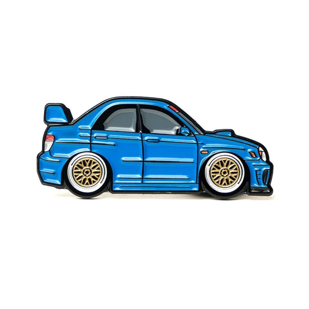 Soft enamel lapel pin of a world rally blue Subaru 2nd Generation