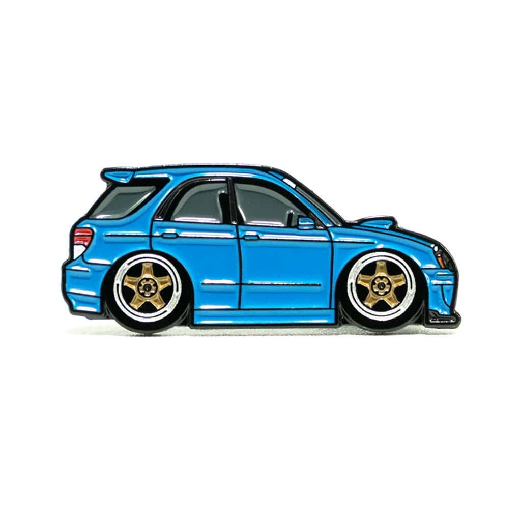 Soft enamel lapel pin of a rally blue Subaru WRX wagon