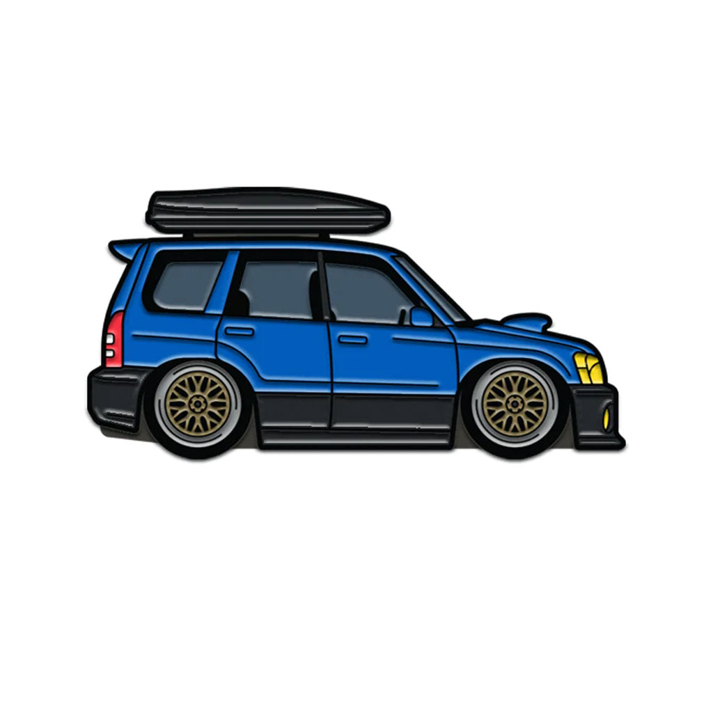 Soft enamel lapel pin of a blue Subaru Forester SG