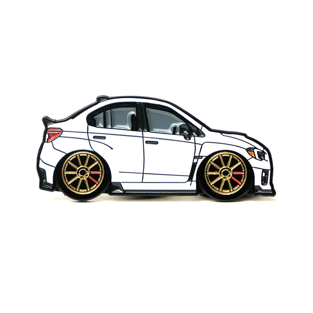 Soft enamel lapel pin of a white Gen 5 Subaru WRX