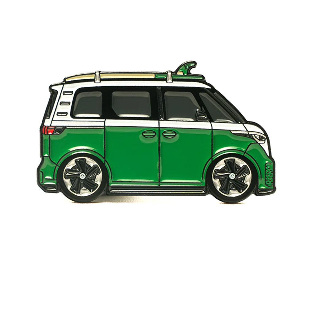 Soft enamel lapel pin of a green Volkswagen ID Buzz