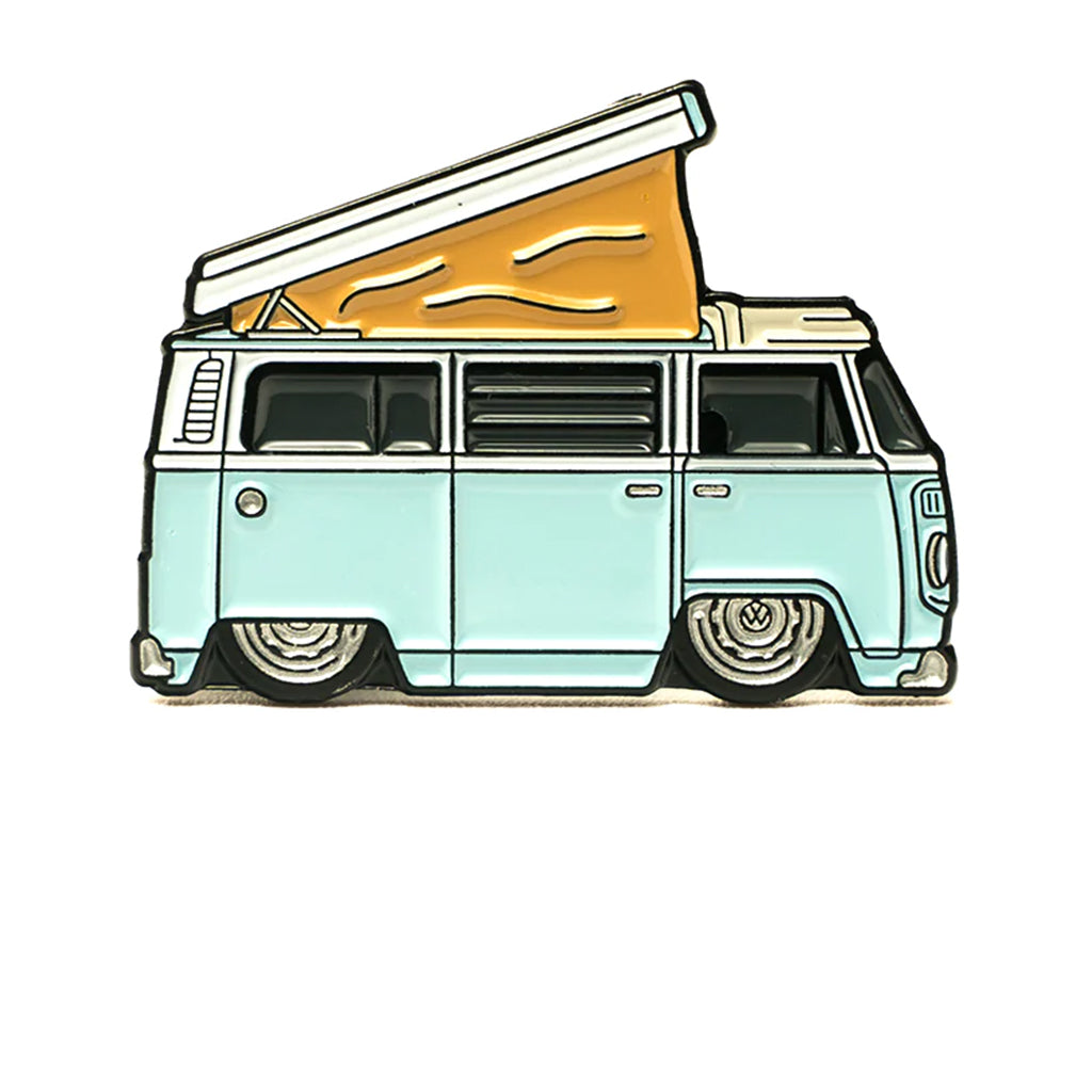 Soft enamel lapel pin of a blue Volkswagen T2 Camper van