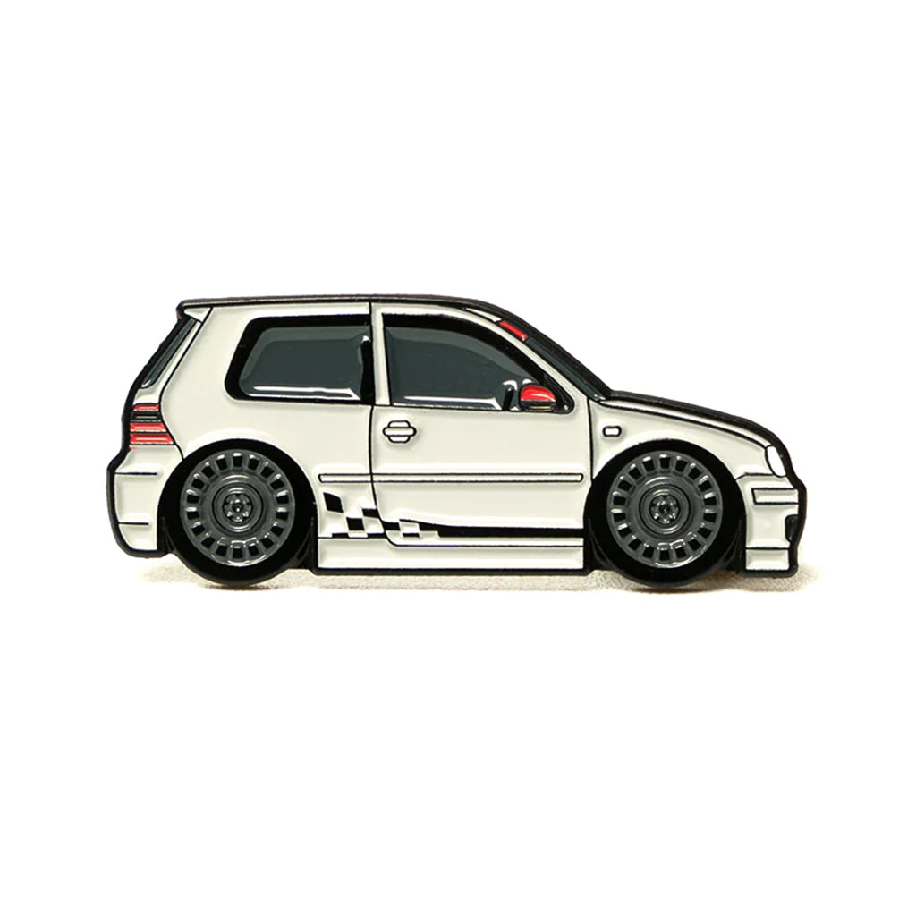 Soft enamel lapel pin of a white Volkswagen Golf MK4