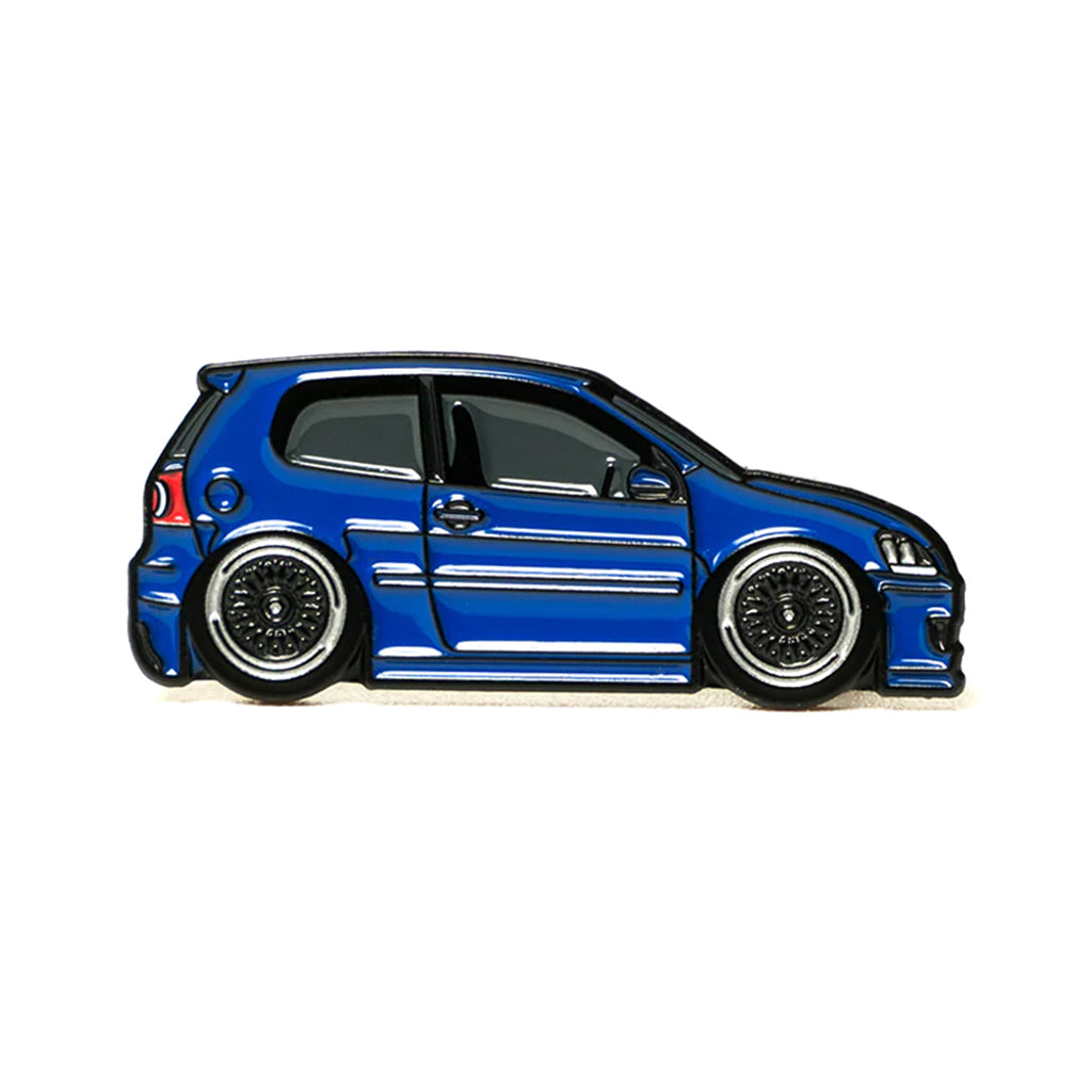 Soft enamel lapel pin of a blue Volkswagen Golf MK5