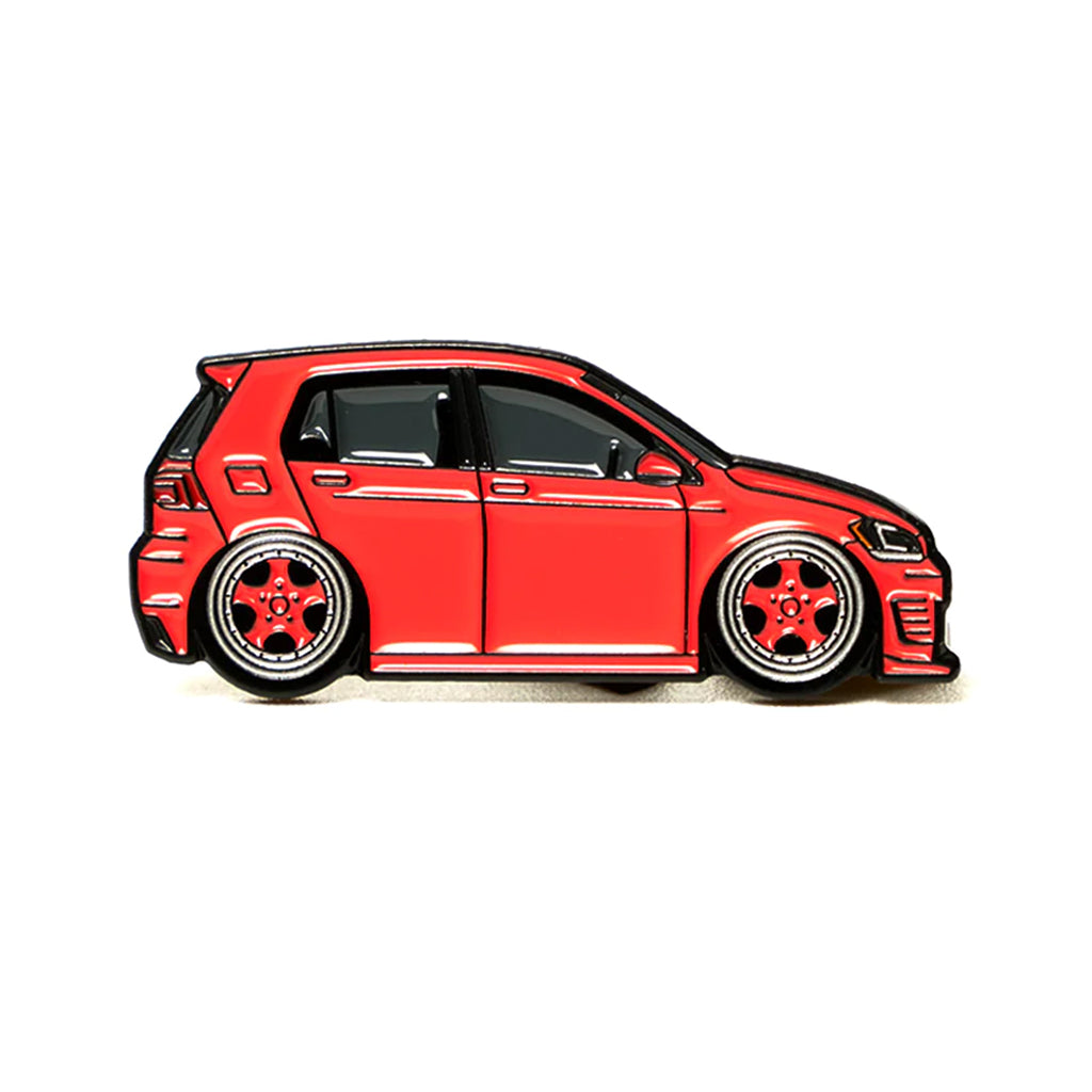 Soft enamel lapel pin of a red Volkswagen Golf MK7