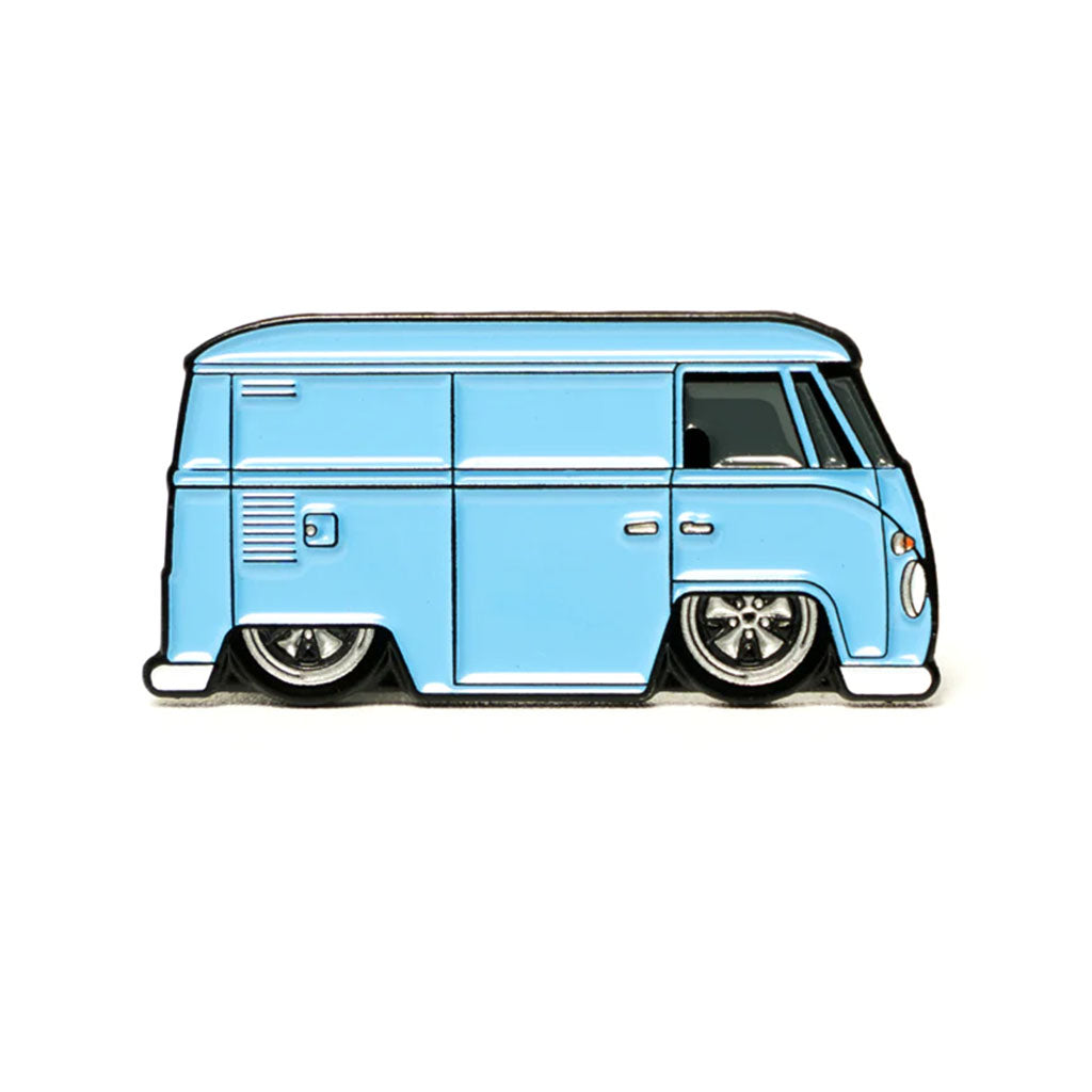 Soft enamel lapel pin of a blue Volkswagen T1 Kombi Bus