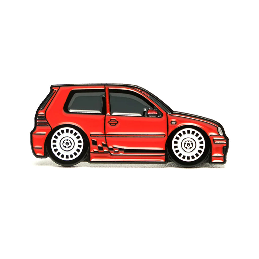 Soft enamel lapel pin of a red Volkswagen Golf MK4