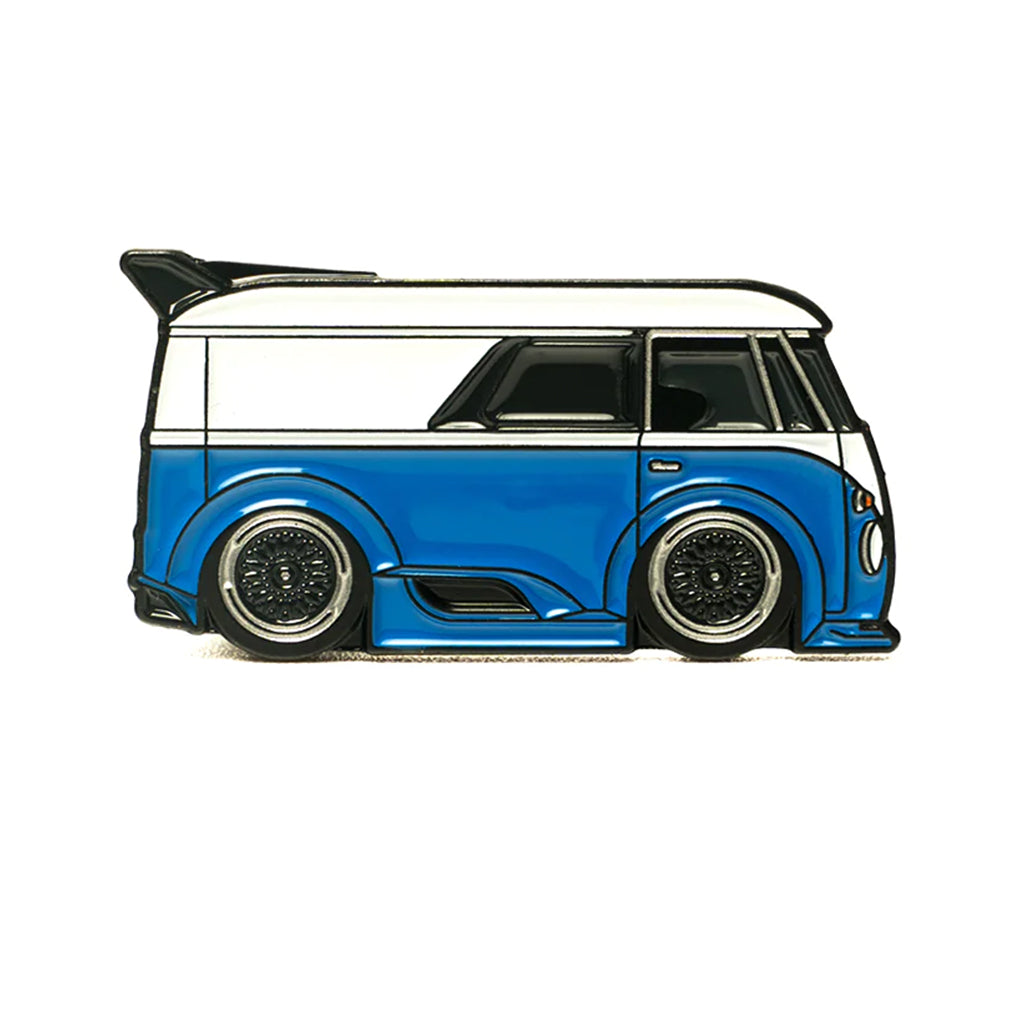 Soft enamel lapel pin of a blue Volkswagen Aero bus