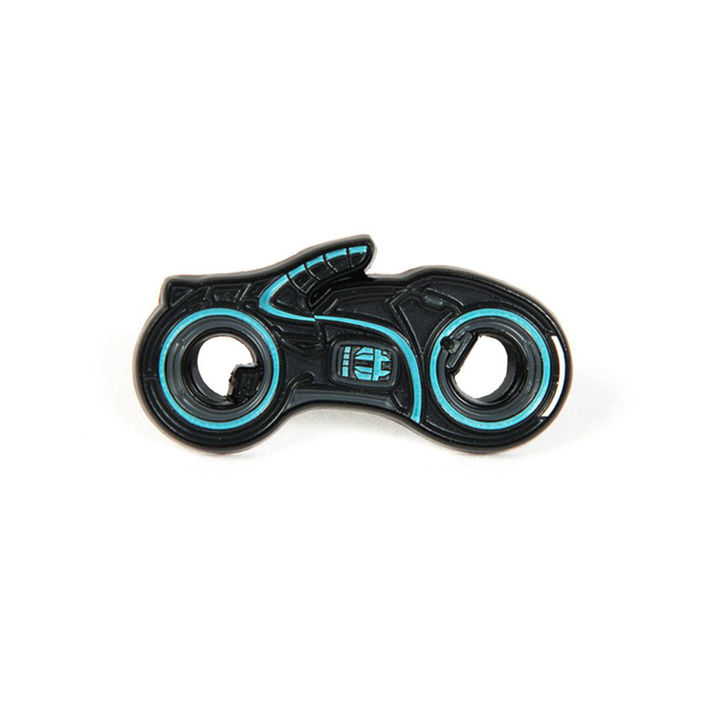 Soft enamel lapel pin of the Tron inspired Light Cycle in blue