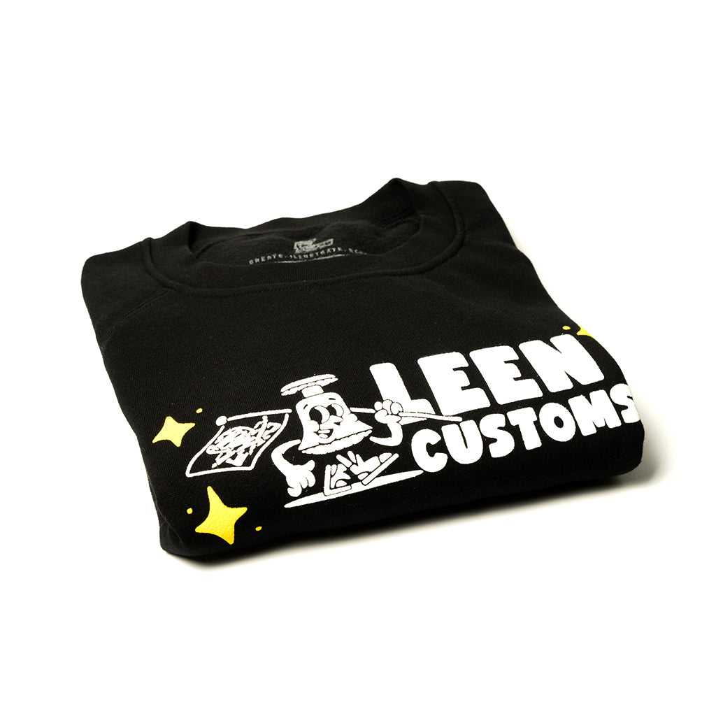 The Leen Customs "Mascot" crewneck. The crewneck is made of midweight cotton and cut with a regular fit. A small tonal size tag is printed on the inside collar and sewn with an official leencustoms woven label on the sleeve